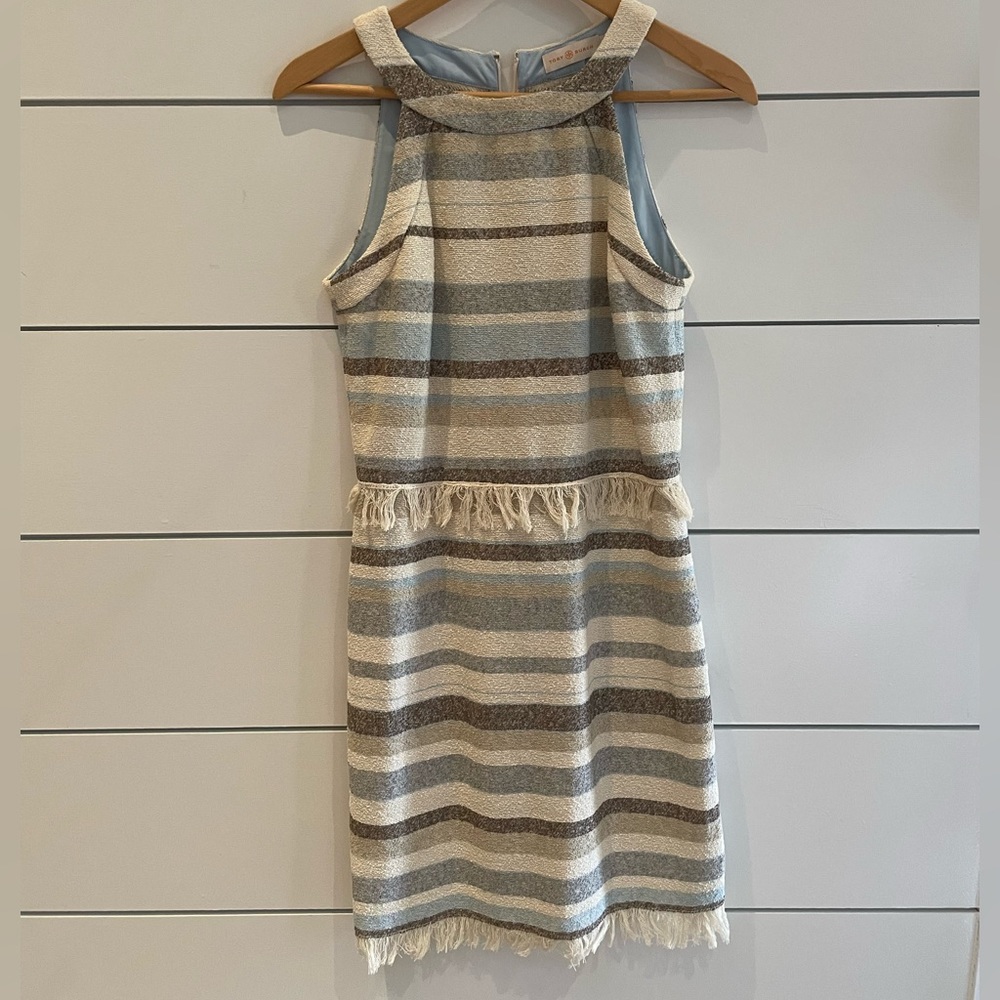 Tory Burch Jane Stripes natural knit fringe dress worn ONCE
